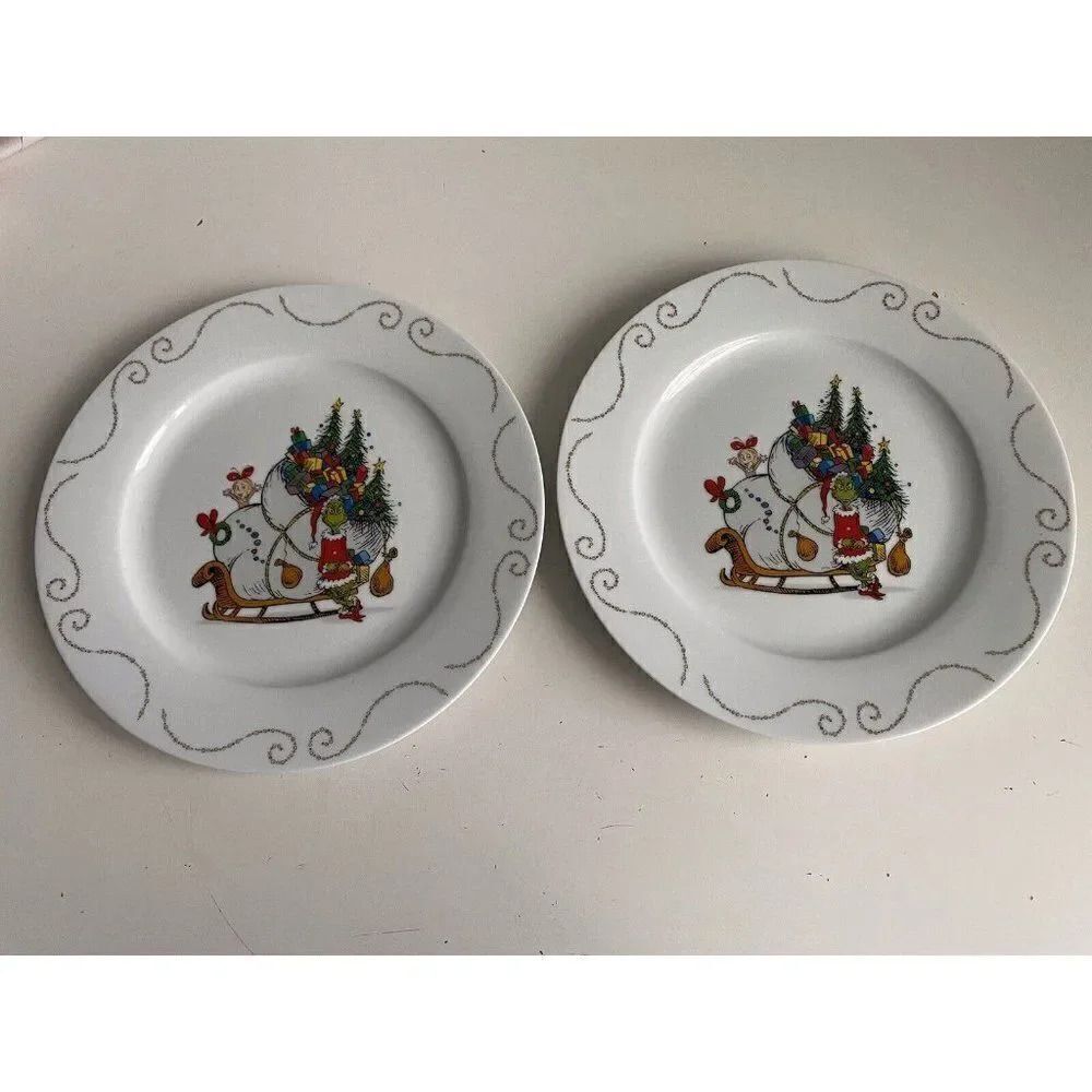 Set Of 2 Dr Seuss The Grinch Who Stole Christmas 10.5" Ceramic Dinner Plates NEW